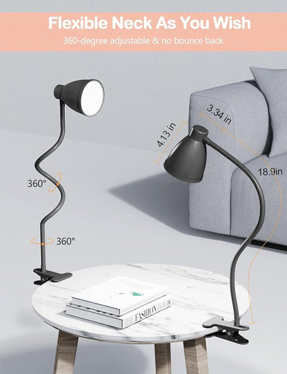 BOHON Desk Lamp 5 Color Modes 10 Brightness Dimmer Reading Light Black | 10W 38 LED Clamp Lamp with Auto Off Timer 360° Flexible Neck Clip on Light for Bed Bedside, AC Adapter Include