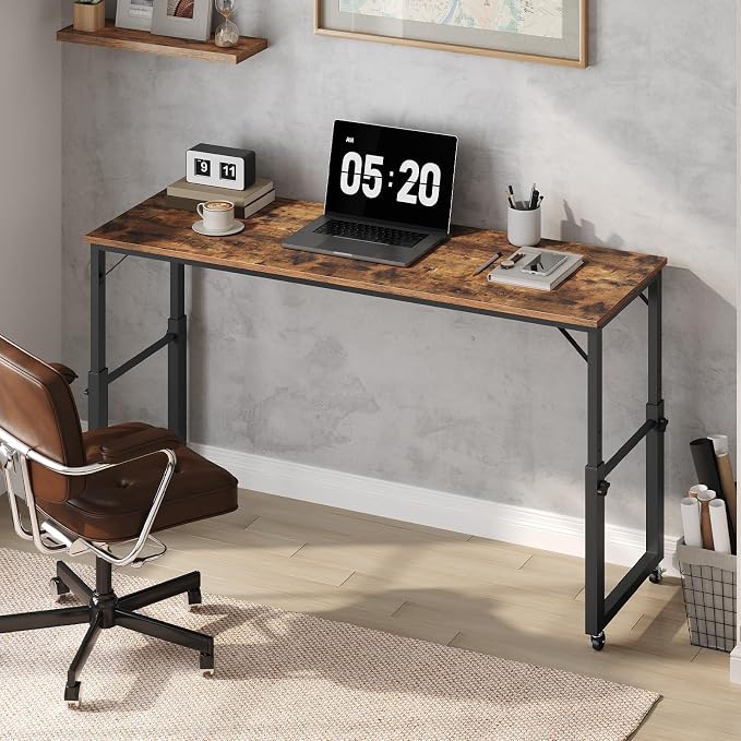 MAHANCRIS Overbed Table with Wheels, Mobile Bed Desk for Queen Size, 36"-43.5" Adjustable Height Rolling Table, Recliner Desk, Mobile Cross Bed for Bedroom, Living Room, Office, Rustic Brown MTHR18001