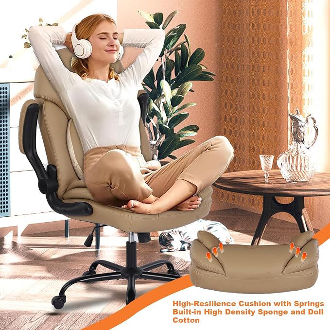 Big Tall Executive Office Chairs with Lumbar Support PU Leather Rocking Managerial Chair Comfy Swivel Desk Chairs with Wheels Flip-up Armrests, Khaki