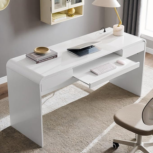 63" Modern Computer Desk with 2 Drawers, Wood Curved Executive Desk with Keyboard Tray & Power Outlet, Writing Desks with Storage for Home Office, Study Room, Living Room (White)