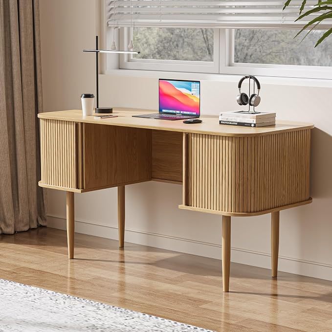 MAISONARIA 55" Modern Writing Desk with Storage, Wood Home Office Desk with Sliding Doors, Computer Desk for Home Office, Dorm, Living Room, Home Study Table, Natural