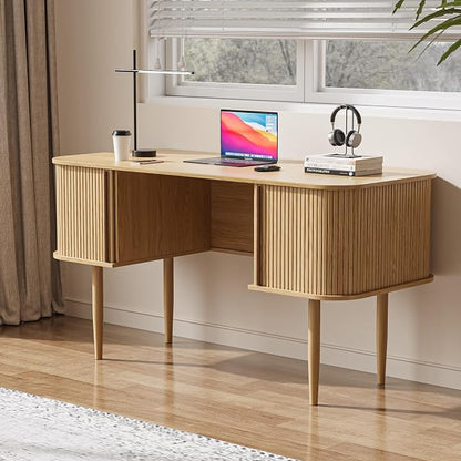 MAISONARIA 55" Modern Writing Desk with Storage, Wood Home Office Desk with Sliding Doors, Computer Desk for Home Office, Dorm, Living Room, Home Study Table, Natural