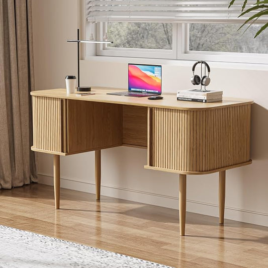 MAISONARIA 55" Modern Writing Desk with Storage, Wood Home Office Desk with Sliding Doors, Computer Desk for Home Office, Dorm, Living Room, Home Study Table, Natural