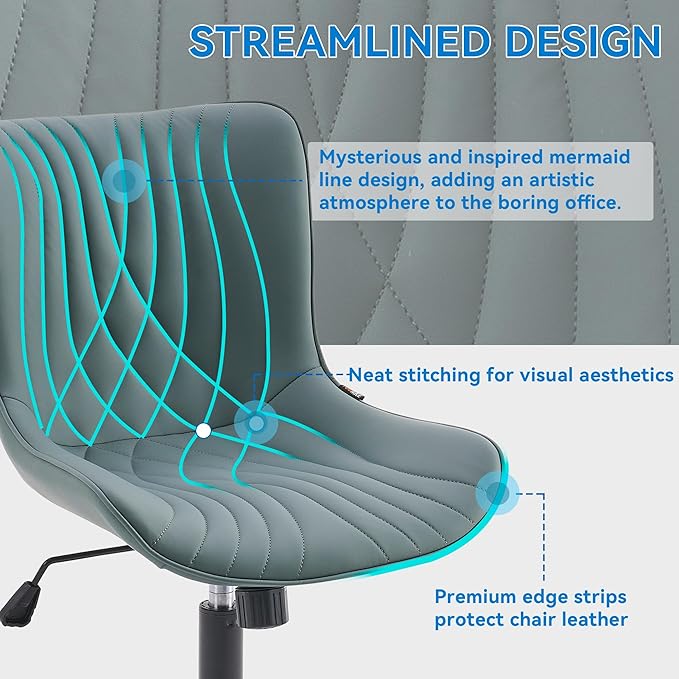 YOUNIKE Office Chair Armless Desk Chair with Wheels, Home Office Computer Task Chair, Modern Faux Leather Upholstered Vanity Chair, Adjustable Swivel Rolling Office Chairs, Grayish Green