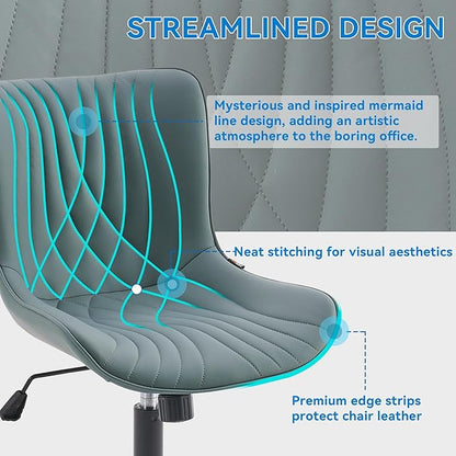 YOUNIKE Office Chair Armless Desk Chair with Wheels, Home Office Computer Task Chair, Modern Faux Leather Upholstered Vanity Chair, Adjustable Swivel Rolling Office Chairs, Grayish Green