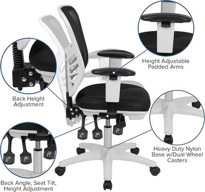 Flash Furniture Nicholas Mid-Back Swivel Office and Gaming Chair, Ergonomic Mesh Office Chair with Adjustable Lumbar Support and Height, Black/White