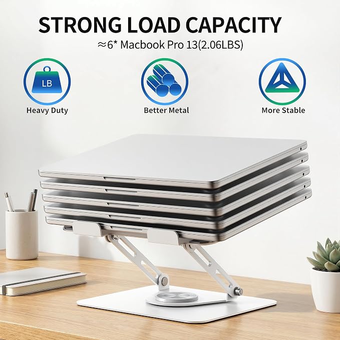 ALASHI Laptop Stand for Desk with 360° Rotating Base, Multi-Angle Adjustable Laptop Stands, Foldable Laptop Riser Compatible with 10 to 17 Inches PC Computer, White