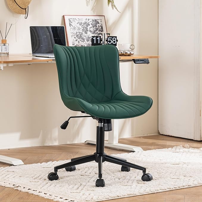 YOUTASTE Dark Green Armless Office Chair, Modern Adjustable Swivel Desk Chair with Wheels, Upholstered PU Leather, Black Metal Legs, Back Support for Home Office, Study, Vanity, Bedroom