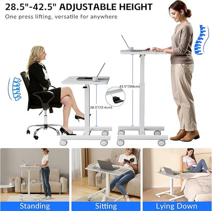 GallopFun Mobile Laptop Standing Desk Adjustable Height, Small Mobile Desk Workstation with Wheels, Portable Rolling Computer Desk Cart for Home Office Classroom (White)
