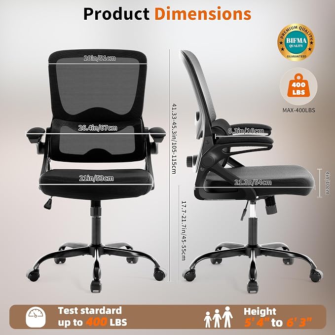 Ergonomic Office Chair,Mesh Office Chair with Lumbar Support,Mid Back Desk Chair with Flip-up Arms,400 lbs Comfy Computer Chair for Home Office (Jet Black)