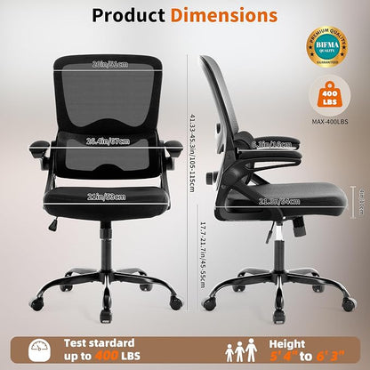 Ergonomic Office Chair,Mesh Office Chair with Lumbar Support,Mid Back Desk Chair with Flip-up Arms,400 lbs Comfy Computer Chair for Home Office (Jet Black)