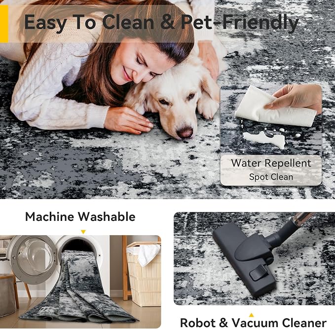RELEANY Washable Area Rugs 2'6"x8 Non-Slip Modern Abstract Soft for Living Room Entryway Bedroom Kitchen, Print Pattern, Black Navy Blue Gray