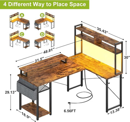 Besiost Small L Shaped Gaming Desk with Power Outlets, 48" Reversible L Shaped LED Computer Desk with Monitor Stand & Storage Shelf, Corner Gamer Desk Home Office Desk with Storage Bag, Rustic Brown