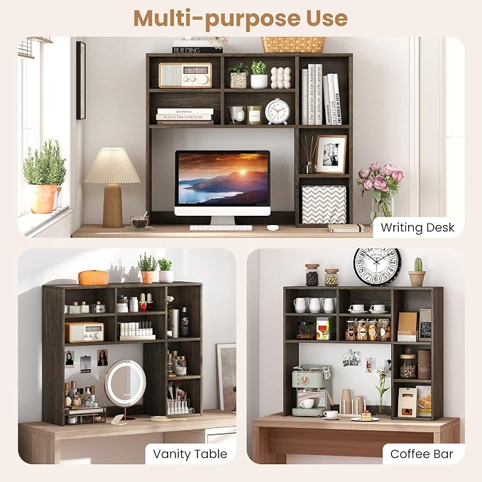 GOFLAME 7 Cubes Desktop Bookshelf, 37” Desk Organizer Shelf with 3 Adjustable Shelves, 3-Tier Wood Countertop Display Rack, Multipurpose Tabletop Desk Hutch for Dorm, Home Office, Gray
