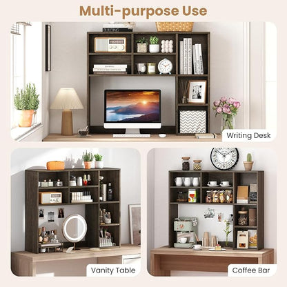 GOFLAME 7 Cubes Desktop Bookshelf, 37” Desk Organizer Shelf with 3 Adjustable Shelves, 3-Tier Wood Countertop Display Rack, Multipurpose Tabletop Desk Hutch for Dorm, Home Office, Gray