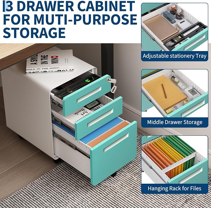 Garvee 3 Drawer File Cabinet with Lock, Under Desk Metal Mobile Filing Cabinet for Home Office, 5 Wheels Anti-Tipping Rolling File Cabinets for A4/Letter/Legal Size, Fully Assembled, Blue