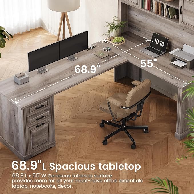 Itaar Farmhouse 68.9" L Shaped Desk with Hutch, Executive Home Office Desk with File Drawer and Power Outlet, Computer Corner Desk with Storage Cabinet, Workstation for Office Home,Grey