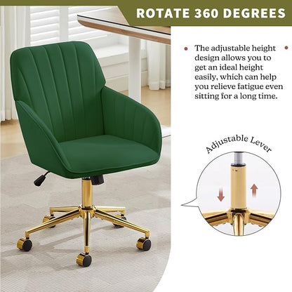 Velvet Home Office Desk Chair, Modern Cute Computer Task Chair with Back, Height Adjustable Upholstered Vanity Chair with Swivel Wheels for Women, Girls (Gold Base, Green