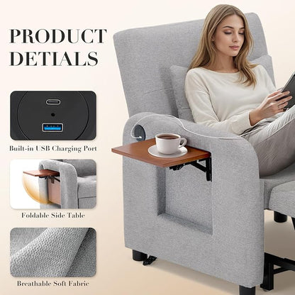 Convertible Sleeper Chair-Fabric Futon Sofa Bed, Single Sleeper Sofa, Small Couch Bed with USB Port, Foldable Table, Pillow, Adjustable Backrest for Dorm/Bedroom/College Lightgrey