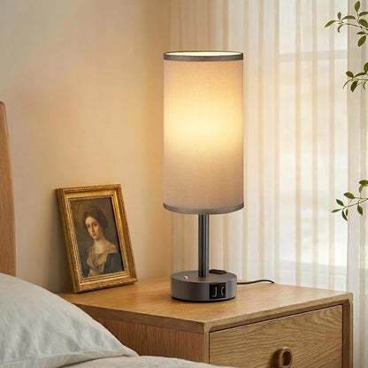 Touch Bedside Table Lamp with Memory - Stepless Dimmable Lamp for Bedroom, Small Nightstand Lamp with Dual USB Charging Ports and AC Outlet, Wood Night Light, Desk Lamp for Nursery (Grey & Grey)
