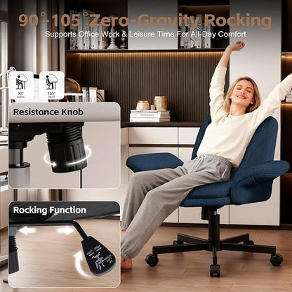 Vonesse Criss Cross Office Chair with Wheels & Armrests, Height Adjustable Vanity Chair, Makeup Chairs with Side Pockets Design, Comfortable Computer Desk Chairs for Home (Linen Fabric,Blue)