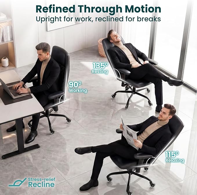 NEO CHAIR Ergonomic Leather Office Desk Chair with Adjustable Height Armrests High Back Lumbar Support Swivel Executive Computer Chair with Wheels Comfy Home Office Chair for Adults (Black)
