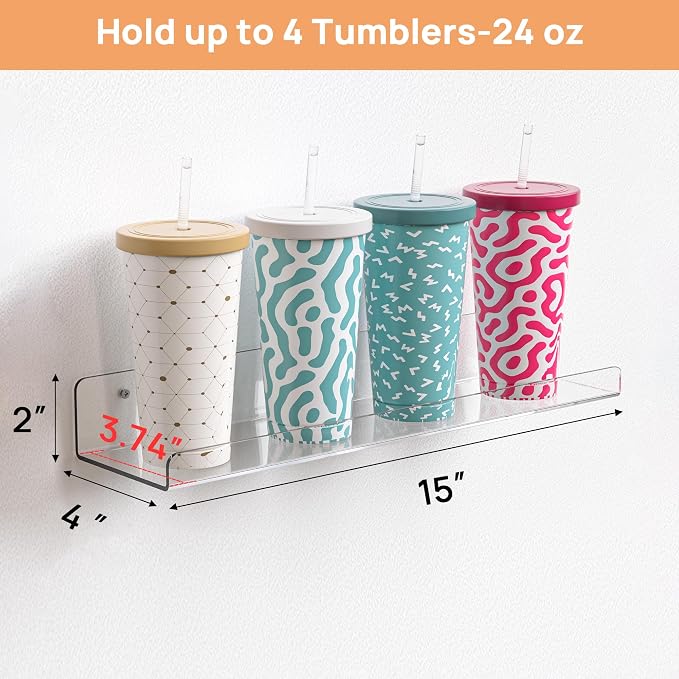 upsimples Acrylic Shelves for Bathroom Storage, 15" Floating Shelves Wall Organizer for Perfume, Make up, Skincare, Kids Bookshelf for Bedroom, Nursery, Living Room Decor, Clear, 2 Pack