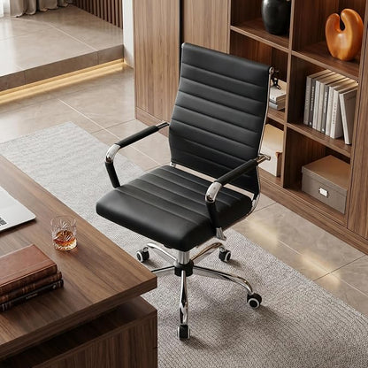 Okeysen Office Desk Chair, Ergonomic Leather Modern Conference Room Chairs, Executive Ribbed Adjustable Swivel Rolling Chair for Home Office.