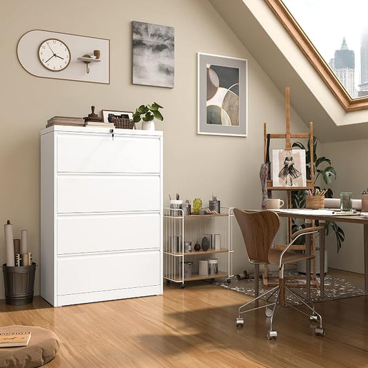 INTERGREAT 4 Drawer Lateral File Cabinet,White Lateral Filing Cabinet with Lock, 36" W Metal Steel Horizontal File Cabinets for Home Office, Easy Assembled