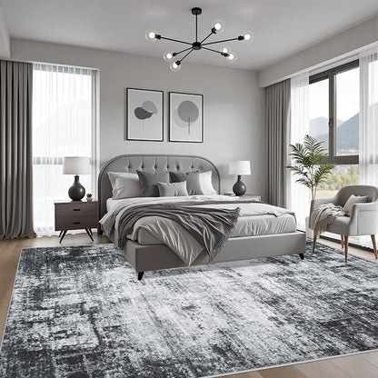 8x8 Area Rug Living Room Rug: Washable Modern Abstract Soft Thin Rug Indoor Floor No Slip Stain Resistant Carpet for Bedroom Dining Room Farmhouse Nursery Home Office - Dark Black