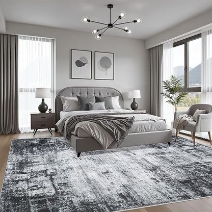9x12 Area Rug Living Room Rug: Washable Modern Abstract Soft Thin Rug Indoor Floor No Slip Stain Resistant Carpet for Bedroom Dining Room Farmhouse Nursery Home Office - Dark Black