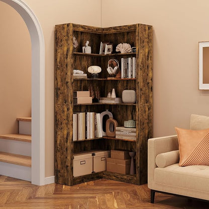 GarveeHome Corner Bookshelf, 71.8 in Farmhouse Corner Bookcase, L-Shaped Bookshelf Large Bookcase, 5 Tier Display Shelf Heavy Duty Bookcases, Bookshelves with Storage
