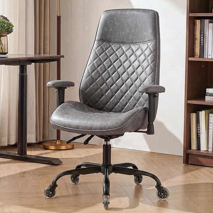 NEO CHAIR Ergonomic Leather Office Desk Chair with Adjustable Height Armrests High Back Lumbar Support Swivel Executive Computer Chair with Wheels Comfy Home Office Chair for Adults (Grey)