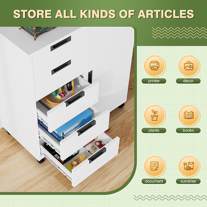 5-Drawer Metal Storage Cabinet with Adjustable Shelves and Wheels, Printer Stand with Storage, Craft Organizers and Storage Drawers, Rolling File Cabinets for Home Office(White)