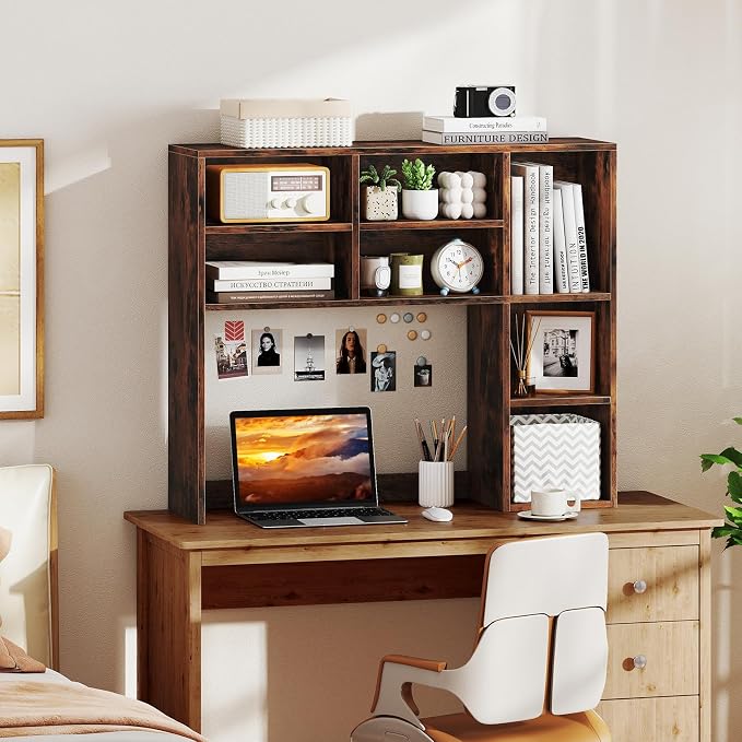 GOFLAME 7 Cubes Desktop Bookshelf, 37” Desk Organizer Shelf with 3 Adjustable Shelves, 3-Tier Wood Countertop Display Rack, Multipurpose Tabletop Desk Hutch for Dorm, Home Office, Rustic Brown
