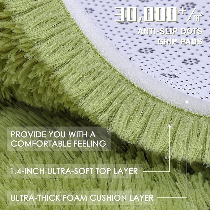 OLANLY Grass Green Round Rugs for Bedroom - Machine Washable, 3 ft Circle Area Rugs for Living Room, Soft and Fluffy Shaggy Carpet for Teen Girls and Boys, Nursery Rooms, Dorms, Home Decor Aesthetic