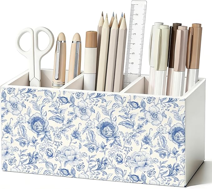 Blue Floral Pen Pencil Holder for Desk, French Country Toile De Jouy Flower Botanical Wooden Box Sign Decorations for Home Office Girls Room Bedroom Desk Tabletop