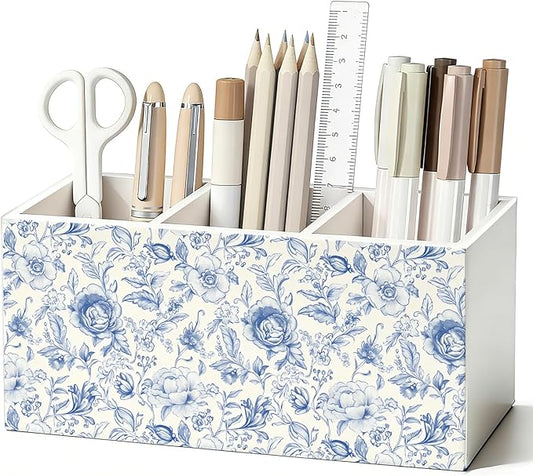 Blue Floral Pen Pencil Holder for Desk, French Country Toile De Jouy Flower Botanical Wooden Box Sign Decorations for Home Office Girls Room Bedroom Desk Tabletop
