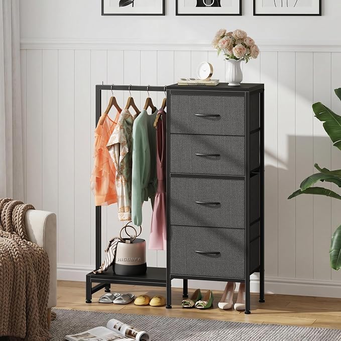 HIGDBFE Dresser with Hanging Rack, 4 Drawers Small Closet for Bedroom, Reversible Fabric Kids Chest of Drawers with Clothes Rack, Tall Storage Tower, Sturdy Frame, Grey, 44''H