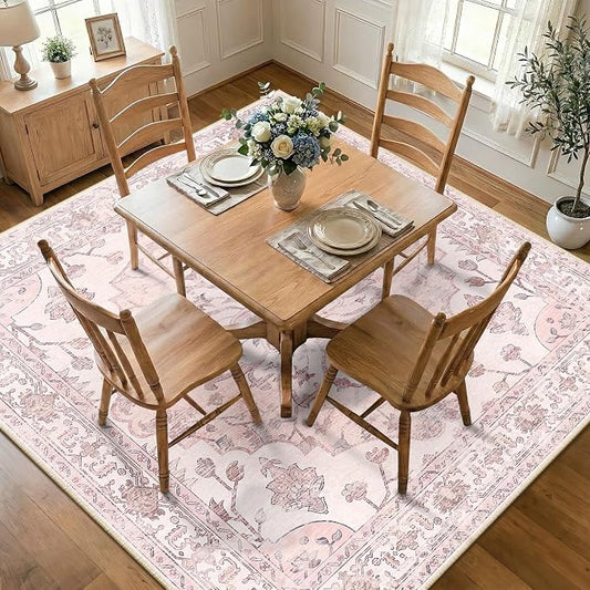 RELEANY Area Rugs Square 8ft Washable Non-Slip, Floral Vintage Distress Medallion Carpet for Living Room Bedroom Dining Room, Pink Greypink Cute