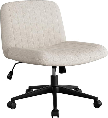 SUNLEI Cross Legged Office Chair with Wheels, Armless Wide Chair's for Vanity Desk, Criss Cross Comfy Chairs with Back, Desk Chair/s of Height Adjustable Swivel, White