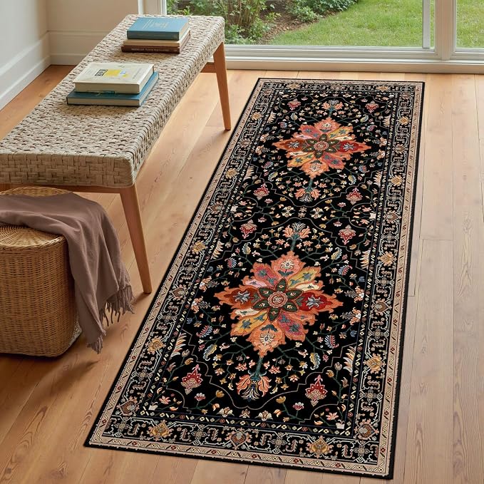 RELEANY Area Rugs Runner 3'x6' Washable Non-Slip, Floral Vintage Distress Medallion Carpet for Kitchen Hallway Bedroom Beside Laundry Room Bathroom, Black Colorful Floral Dark Tan