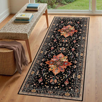 RELEANY Area Rugs Runner 3'x6' Washable Non-Slip, Floral Vintage Distress Medallion Carpet for Kitchen Hallway Bedroom Beside Laundry Room Bathroom, Black Colorful Floral Dark Tan