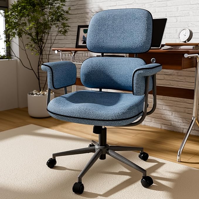 HomeZeer Blue Office Chair, Memory Foam Seat Mid Century Modern Desk Chair | 3.9" Sloped U-Shaped Memory Foam Cushion, Granular Linen Fabric, Lumbar Support, 1.2mm Sturdy Metal Tube, 400LBS Capacity