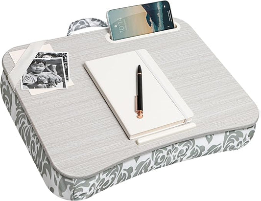 LAPGEAR Designer Lap Desk with Phone Holder and Device Ledge - Gray Damask - Fits up to 15.6 Inch Laptops - Style No. 45424