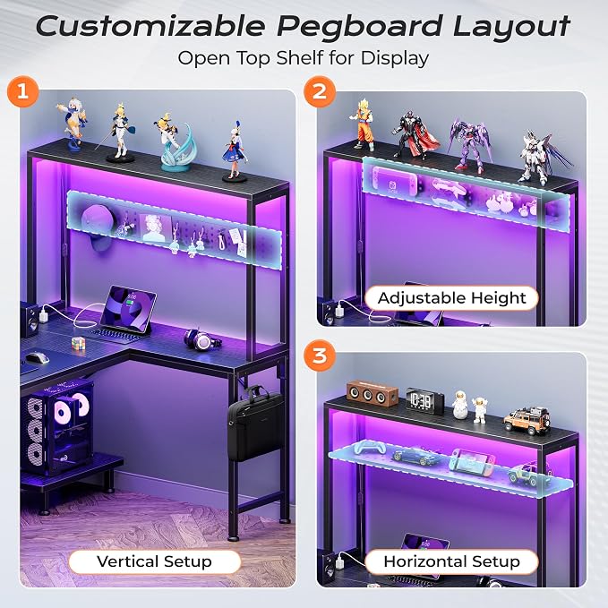 PRAISUN L Shaped Gaming Desk with LED Lights & Power Outlets, Reversible Computer Desk with Storage Shelves & Bag, Small Corner Home Office Desk with Pegboard for Work from Home, Black