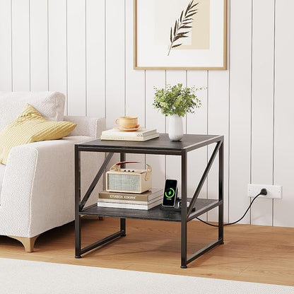2-Tier Large Priner Stand with Charging Station, 20"×20" Under Desk Printer Table with Power Outlets and USB Ports for Home Office, Mini Fridge Stand, Storage Shelf for Scanner Fax Machine, Grey Oak