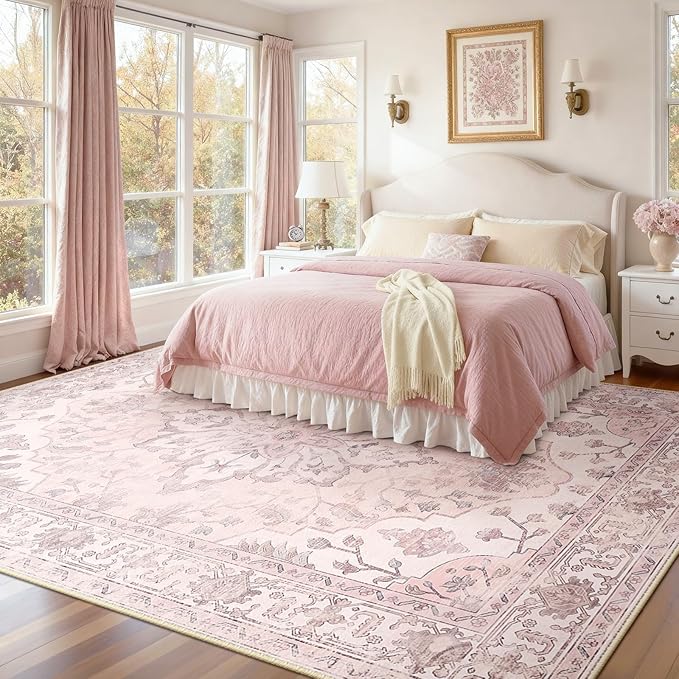 RELEANY Area Rugs 6'x9' Washable Non-Slip, Floral Vintage Distress Medallion Carpet for Living Room Bedroom Dining Room, Pink Greypink Cute