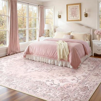 RELEANY Area Rugs 6'x9' Washable Non-Slip, Floral Vintage Distress Medallion Carpet for Living Room Bedroom Dining Room, Pink Greypink Cute