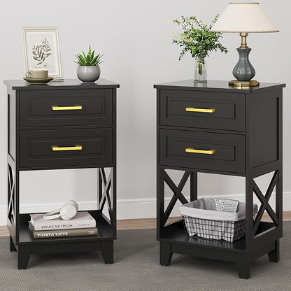 RoyalCraft 30" Tall Nightstand, Modern Painted Bedside Table with 2 Drawers and Open Shelf, Wood Side Table for Bedroom, Home Office, Black-Open Shelf Below, Set of 2